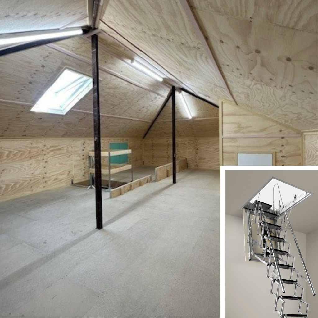 Plywood attic storage with electric attic ladder